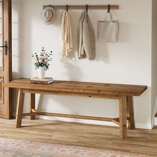 TRIBEWOOD 55 Solid Wood Bench, Farmhouse Long Bench Seat for Entryway, Dining Room, Living Room, Solid Wood, Rustic Brown