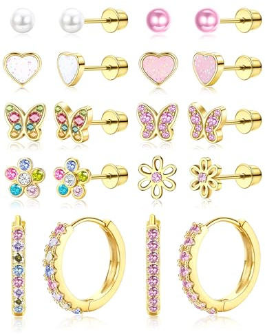 LOLIAS 10 par barnörhängen för flickor kvinnor kirurgiskt stål silver ring knoppörhänge set allergivänliga flickor örhängen rosa flerfärgade pärlor hjärta fjäril blomma skruv tillbaka örhängen för