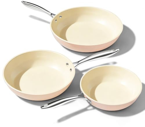 Uukrave Pfannenset Keramikbeschichtung Induktion, Antihaft Bratpfannen Set 20/24/28 cm für alle Herdarten, PTFE-frei PFAS-frei PFOA-frei, Induktionsgeeignet, Backofenfest, Spülmaschinenfest（Rosa）