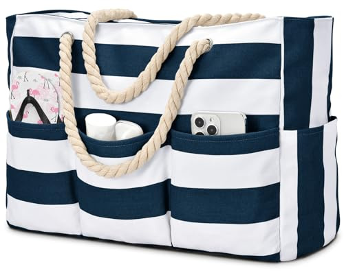 Becokan Beach Bags for Women Canvas Large Beach Tote Bag Zipper Waterproof Sandproof Foldable Swim Pool Bag with 7 Pockets