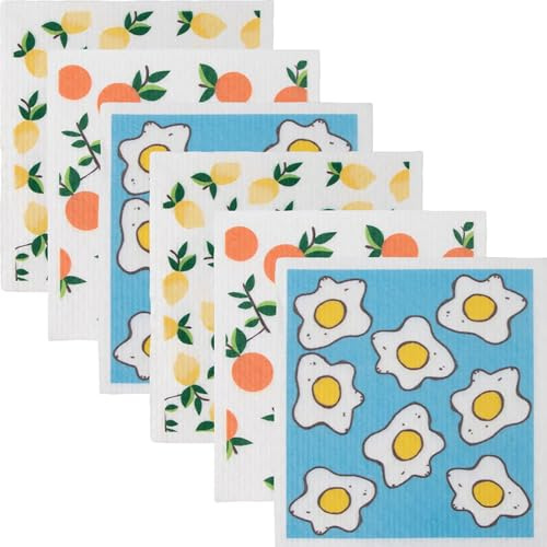 PIGIAOKA 6Pcs Swedish Dishcloths, Reusable Kitchen Dish Towels Multipurpose Absorbent Cellulose Sponge Cloths for Kitchen, Plastic-Free Wash Cloths (Lemons & Oranges & Eggs)