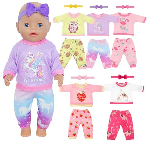 5 Sets Puppenkleidung für 14-18Zoll Baby Puppen, Baby Kleidung Outfits mit 5 Sets mit niedlichen Tierkostümen 5 Haarbänder Puppenzubehör für 30-45cm Puppen Pony Flamingo Erdbeere Eule Dinosaurier