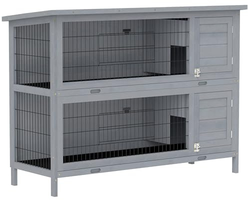 PawHut Hasenstall 2 Etagen Asphaltdach Bodenwanne 136,4 x 50 x 93 cm Grau | Kaninchenstall aus Holz, Winterfest Kleintierstall mit Türen, Kaninchenkäfig für Kleintiere Kaninchen, Indoor Outdoor