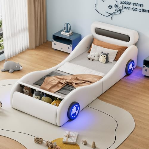 CelticHearth Polsterbett Autobett mit LED-Rädern, 90x200cm, Weiß, Kinderbett mit Stauraum, PU-Material, ohne Matratze