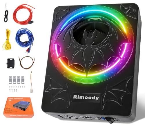 Rimoody 10 Inch Slim Active Car Subwoofer Under Seat Powered Subwoofer | Built in Amplifier 1200W RMS 4 Ohm Bass Boost Phase Switch Overheat Short Circuit Protection