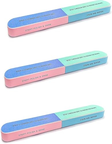 Solvio 3Pcs Professional 7-in-1 Nail Buffer Block - Double Sided Emery Boards and Sanding Block for Natural and Acrylic Nails - Essential Nail File Kit for Home Manicure and Pedicure Care