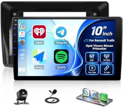 CAMECHO CarPlay Autoradio 10 Pulgadas para Renault Trafic 2001-2010 Opel Vivaro 2006-2010 Nissan Primastar 2006-2014 con Android Auto, FM RDS, DSP Radio Bluetooth, Control del Volante y Cámara Trasera
