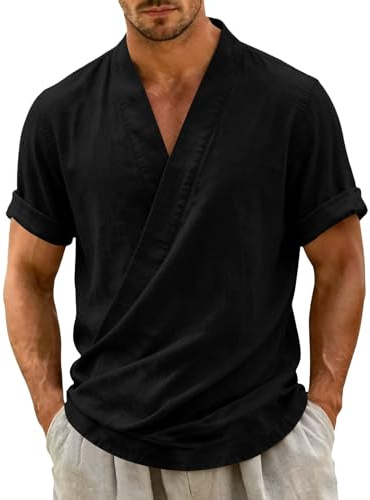 Camisa de manga corta con cuello en V para hombre, camisa cruzada para hombre, dobladillo enrollado, irregular, parte delantera cruzada, ajuste relajado, blusa casual, camisas de verano de corte