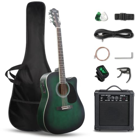 Glarry Full Size Electro Acoustic Guitar with Amp, Guitar Kit for Beginners | Basswood Body, Steel String, Wiped Green Finish, Complete Starter Kit with Bag, Tuner, Strap and Capo
