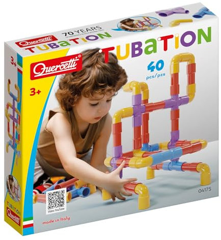Quercetti Tubation, Jeux de Construction, Jouet Enfant 3 Ans, Jeux Educatif, Construction Mécanique, Montessori, Kits de Loisirs Créatifs, 40 Tubes Colorés pour Structures 3D, Made in Italy