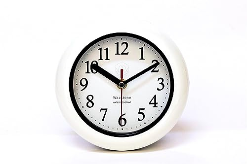 Perfect White Shell Water Resistant Clock, Quiet Non-Ticking Sweep Movement, 6.5 in Diameter, ABS Glass Front, Flexible Options to Hang or to Stand. Withstand Water Vapor and Moisture.