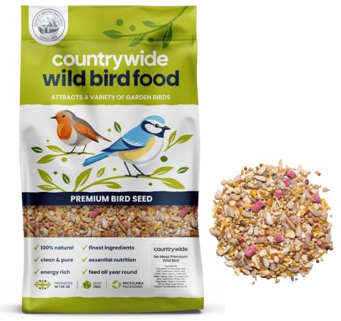 Countrywide No Mess Wild Bird Seed 20kg - No Husks - Wheat Free - Premium All Year Round Bird Food For Small Garden Birds with Sunflower Hearts, Suet, Peanut Granules, Nigerseed & Aniseed Oil