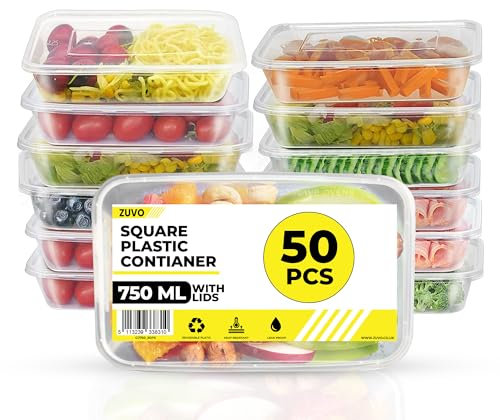 Zuvo 50 X Rectangular Microwave Plastic Food Container, Reusable Food Container Clear, 750 ml, Set of 50