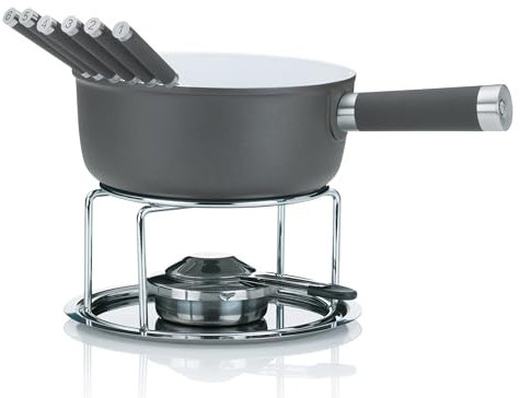 kela Cheese Fondue Set 10 pcs, cast Aluminium Fondue for 6 Persons LANCY, Ceramic Coated, Cheese Fondue Set with Fuel Paste Holder, Forks, Fork Holder