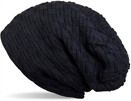 styleBREAKER Feinstrick Longbeanie Mütze mit Flecht Muster und warmem Fleece Innenfutter | Winter Strickmütze Unisex elastisch weich bequem warm, Farbe:Midnight-Blue
