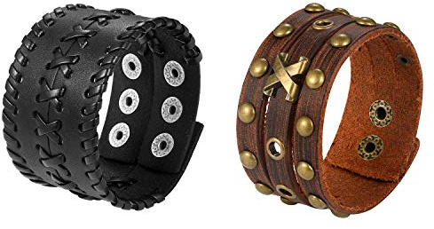 Cupimatch 2pcs Adjustable Punk Wide Braided Leather Bracelet,Unisex Rock Wrap Wristband Bangle Black/Brown