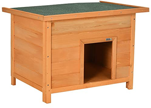 PawHut Hundehütte Outdoor, Hundehaus aus Holz mit Aufklappbares Asphaltdach, wasserdichte Hundehöhle mit Erhöhter Boden Hütte für kleine Hunde, Gelb, 82 x 58 x 58 cm