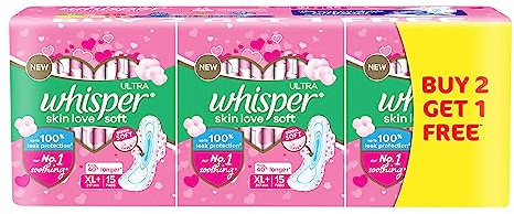 Whisper Ultra Skinlove Sanitary Pads for Women | 45 Thin XL+ Pads | Cottony Soft Top Sheet | Irritation Free | 31.7 cm Long | With Disposable Wrap