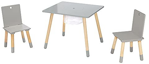 roba Kindersitzgruppe aus Holz mit Stauraum - Kindermöbel Set aus 2 Kinderstühlen & 1 Tisch - Kindertisch Set inkl. Aufbewahrungsnetz - Grau / Natur