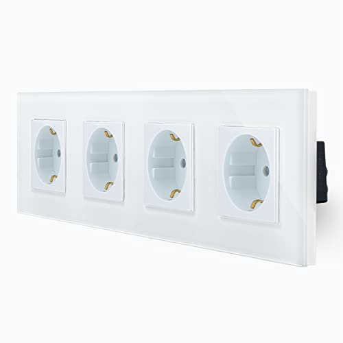 Luxus-Time Steckdosen mit Glasrahmen 1-Fach, 2-Fach, 3-Fach, 4-Fach in weiß, schwarz und grau (weiß, 4 Fach)