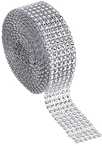 Strassband zum Aufnähen, 6 Reihen 9m Strasssteine Dekoband, Diamant Deko Bänder, Rhinestones Pailettenband Glitzersteine Schleifenband für Hochzeit Geburtstag Kunstwerke Bastelarbeiten Silber
