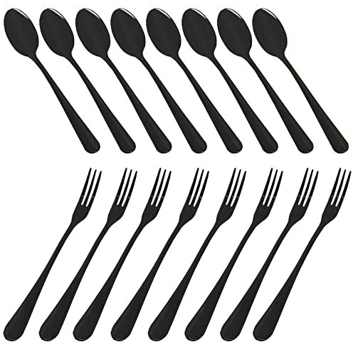 16 Stück schwarze Demitasse Espressolöffel (10,2 cm) und Edelstahlgabeln (12,2 cm), DaKuan Mini Kaffeelöffel & Kuchengabeln für Dessert, Tee, Vorspeise