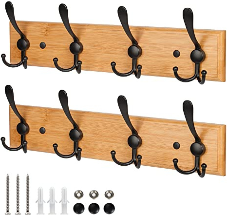 GlazieVault Bamboo Coat Hooks for Wall - Stainless Steel Coat Racks (2 Pack) - Heavy Duty Wooden Coat Hook Wall Mounted - Premium Design Rust Free Coat Hanger
