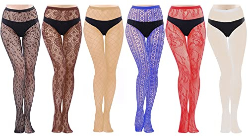 HOVEOX - 6 pares de medias de rejilla con patrón de encaje floral, agujeros pequeños, talla grande, colores negro, marrón, nude, rojo, azul y blanco