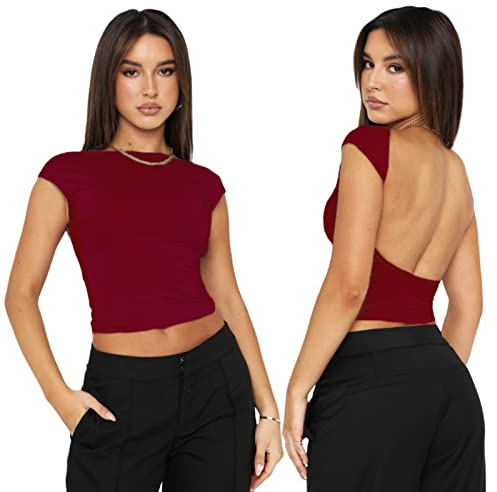 Arkim Top Dos Nu Femme [Matériaux Améliorés] Y2K Backless Top T-Shirts, Sexy Haut Dos Nu Tops Femme Ete, T-Shirts à Manches Courtes Femme Style Réversible (Bordeaux,L)
