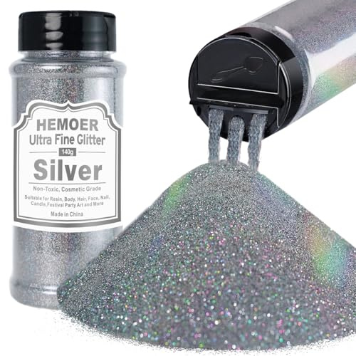 HEMOER Silber Glitzerpulver, 140g Bastel Glitzerpulver für Epoxidharz, DIY Basteln, Feine Handwerk Glitter für Tumbler Malerei Kerze Herstellung; Kosmetischer Glitzer, Haare, Körper Nagel Glitzer