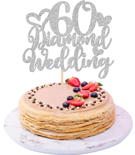 Xsstarmi 1 Pack 60th Anniversary Cake Topper with Heart - Silver Glitter Diamond Wedding Pick - Cheers to 60 Years Decoration for Happy Celebration Party Supplies