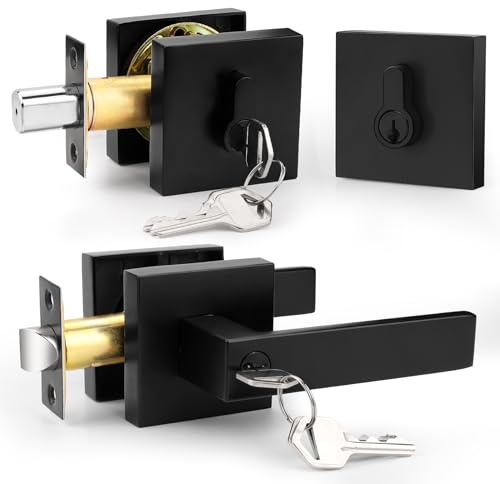 Probrico Matte Black Exterior Door Locksets with Deadbolt,Front Door Entry Handle and Double Cylinder Deadbolt Set, Square Door Lever with Keyed Both Side Deadbolt Lock, 1Pack