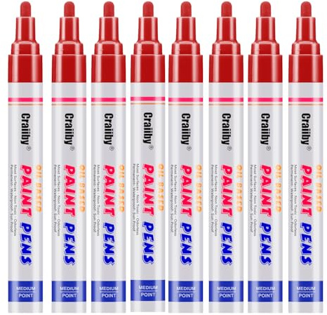 Red Paint Markers, 8 Pack Oil-Based Waterproof Quick Dry Permanent Paint Pen Set for Rocks Painting, Wood, Fabric, Plastic, Canvas, Glass, Mugs, Metal, Tire, Stone, DIY Craft