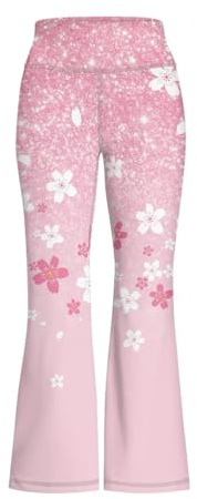 Rweroyiu Girls Yoga Pants Size 13-14 Pink Cherry Blossoms Flare Leggings for Girls Youth Compression Pants Kids Athletic Yoga School Warm Pants with Pockets High Waist
