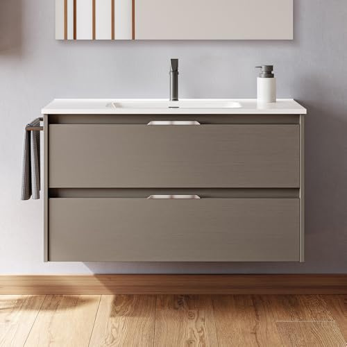 AMIZUVA | Conjunto de Mueble de Baño Suspendido Suki con 2 cajones | Anchura 100 cm | Incluye Lavabo Cerámico y Espejo| Acabado en Fumé Arenado|Muebles de Baño con Lavabo y Espejo