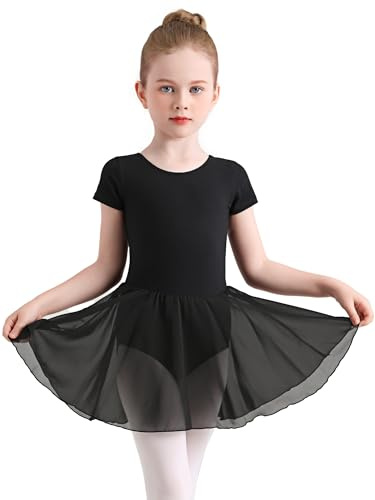 Eisnnu Tjej Balettklänning Dansklänning Tutu Body Gymnastik Bomull Kortärmad med chiffong kjol lämplig för ålder 2–11 år, Svart, 110-122