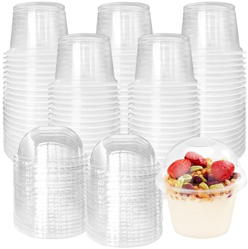 Panxxsen 100 Pcs 8oz Clear Plastic Cups with No Hole Dome Lids,Disposable Parfait Cups with Dome Lids,PET Dessert Cup,Fruit Cup for Dessert Salad and Fruit