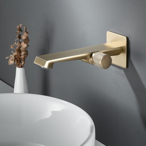 PHASAT Grifo Mezclador de Pared de Latón Grifo Lavabo Empotrado Dorado Cepillado Mezclador Monomando de Lavabo PTMP11G