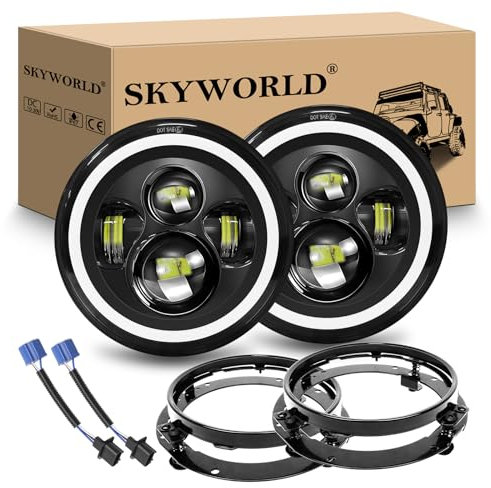 SKYWORLD 2PCS 7 inch Round LED Headlight with Mounting Bracket, Amber Halo Turn Signal White DRL High/Low Beam 4 LEDs Angle Eyes Compatible with Wrangler JK LJ CJ TJ Motorbike Motorcycle