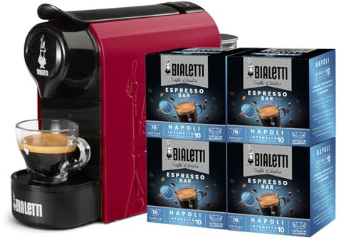 Bialetti Gioia, Macchina Caffè Espresso per Capsule in Alluminio, Incluse 64 Capsule, Funziona Esclusivamente con Capsule, Rosso