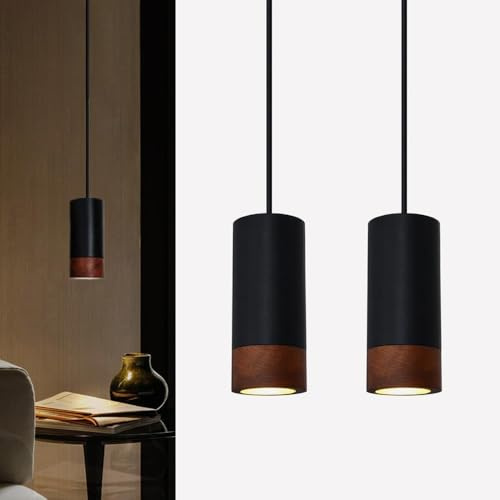 Ouglres Pendelleuchte Holz,2er Hängelampe Küche,Vintage Zylinder Lampe Esszimmer Hängend,Aluminium Industrial Pendelleuchte Esstisch Schwarz GU10 für Wohnzimmer Schlafzimmer,Restaurant