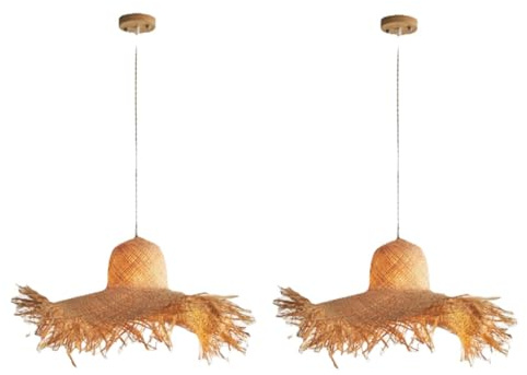 GHBSDNEPP Lustre En Rotin Avec Chapeau de Paille, Style Bohème, Lampe Suspendue Rétro Rustique, Lampe Suspendue Personnalisée Tissée À La Main, Luminaire de Plafond Créatif Pour Entrée, Maison/2 Packs