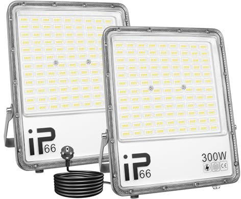 AUXTINGS 2 Pcs 300W Focos LED Exterior con Enchufe, IP66 Impermeable Foco Proyector LED 6000K Blanco Frío Floodlight 30000lm Iluminación de Seguridad para Casa, Garaje, Patio, Terraza, Campo