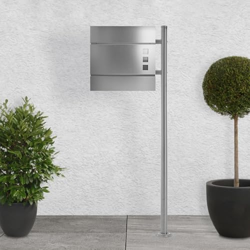 ECD Germany Buzón Independiente de Acero Inoxidable Exterior con Soporte Poste Casillero Mate Plateado Moderno con Compartimento para Periódicos, Placa Identificación Ventanilla y Cerradura con Llaves