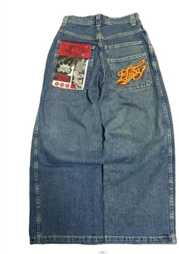 ORANDESIGNE Jeans Y2K Homme Taille Basse Printed Pants Pantalon Unisexe Pantalon Cargo Décontracté Imprimé Hippie Streetwear Z08 Bleu XS