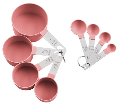 8 Stück Messlöffel Set, 4 Measuring Cups und 4 Löffel mit Edelstahlgriff, Measuring Cups and Spoons Set aus Kunststoff,Cup Messbecher für Küche Kochen Backmessen und Flüssige Zutaten (Rosa)