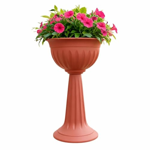 SIDSONS - Tall Terracotta Urn Planter - Large Strong Flower Pots Stand - Lightweight Durable Plastic Pot - Indoor Outdoor Garden Planter - No Drainage Holes Flower Pot - 75cm Tall Garden Planters