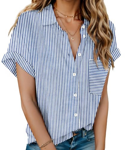 HOTOUCH Ladies Blouses Cotton Short Sleeve Shirts Ladies Elegant Blouse V-Neck Button Down Shirt Office Work Tops Casual Business Tunic Blue Stripe M