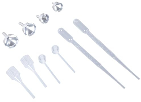 Embudos de metal en miniatura y gotas de arena y brillo para una distribución precisa de líquidos