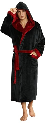 U2SKIIN Herren Kapuze Bademantel, Plüsch Bademäntel für Herren lange Fleece Plüsch Bademantel flauschig aus Flanell (Schwarz/Weinrot, 2XL/3XL)